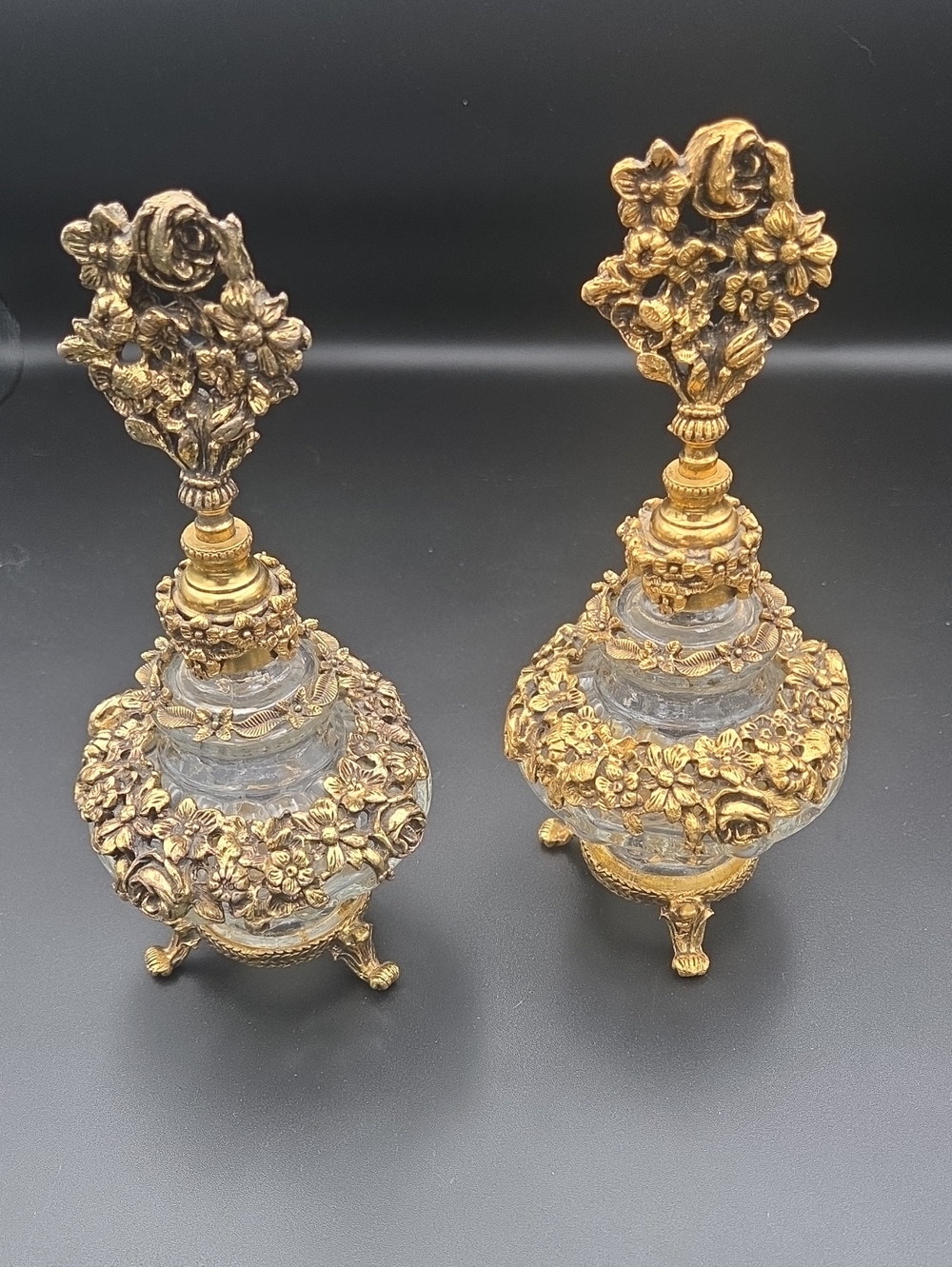 Vintage Hollywood Regency Gold Ormolu Perfume Bottles - Pair Ornate Filigree